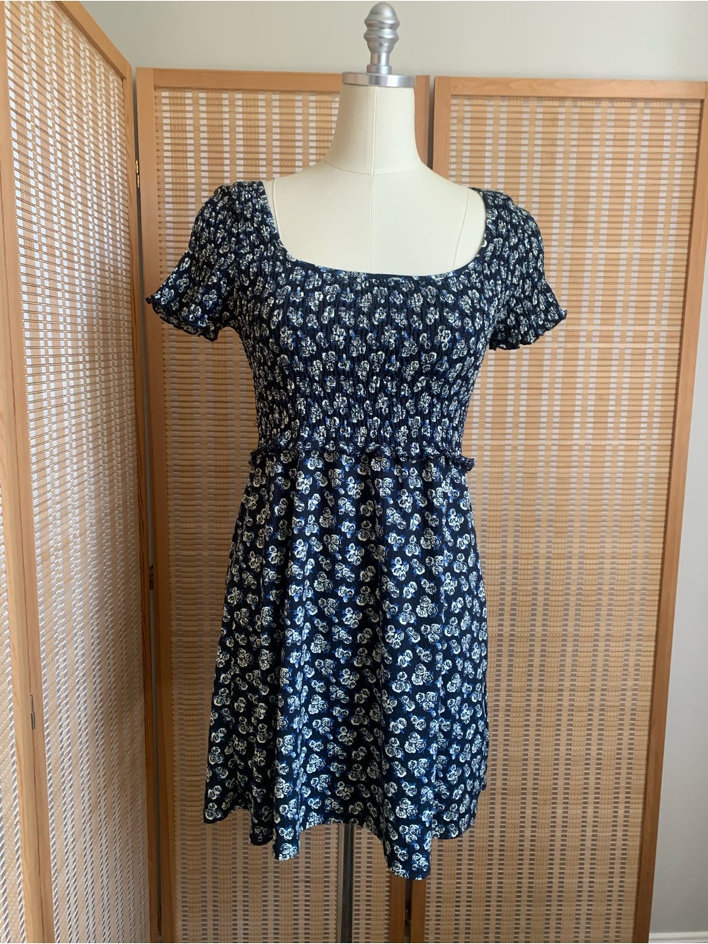 Topshop Smocked Navy Floral Square-Neck Dress